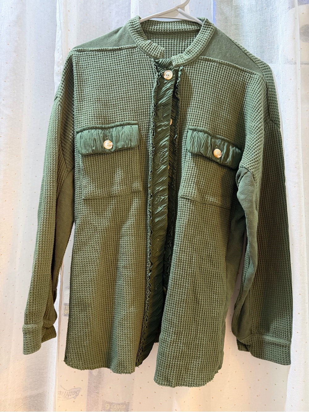 SHEIN Olive Green Waffle Knit Shirt Jacket